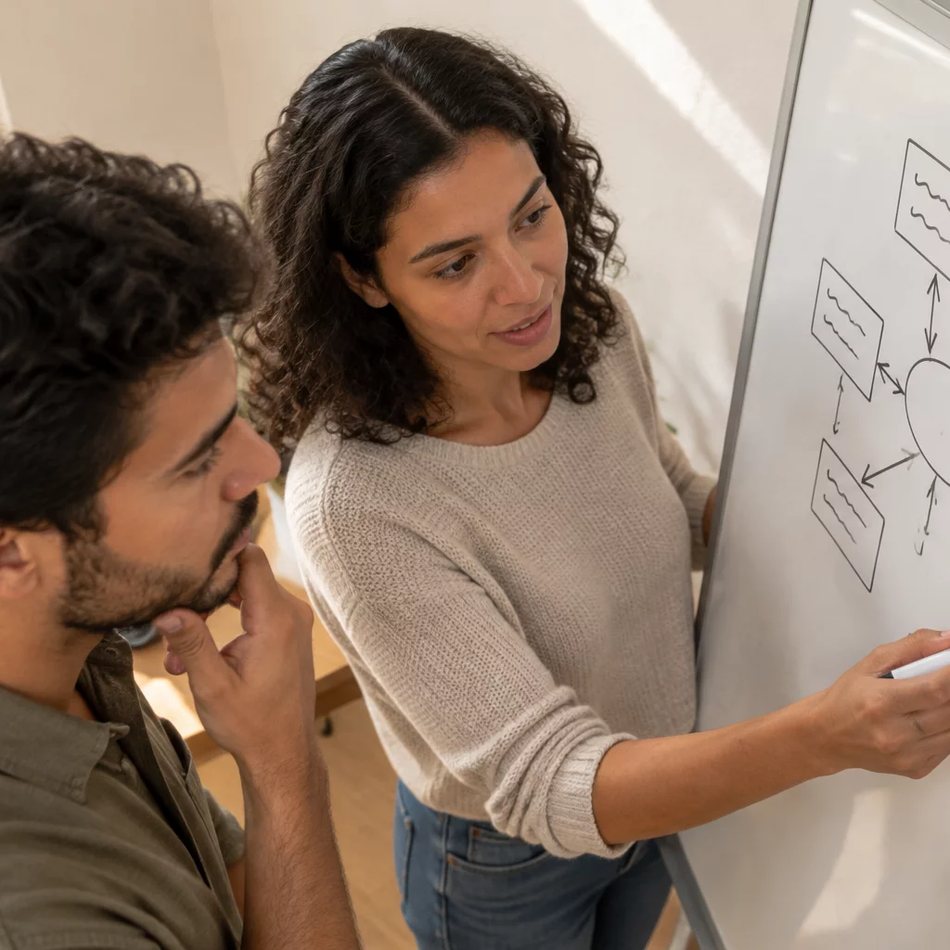 Duas participantes de pé junto ao quadro branco, desenhando as partes de um argumento