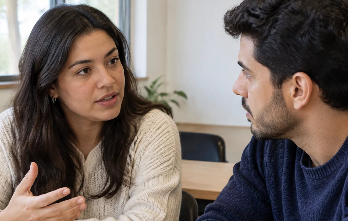 Pessoa em pé diante da turma sustentando um argumento com as anotações na mão