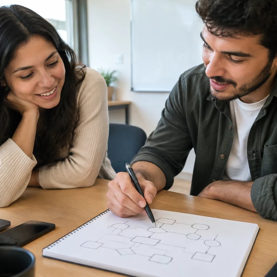 Duas pessoas relendo num tablet as notas da rodada anterior, apoiadas na mesa de madeira